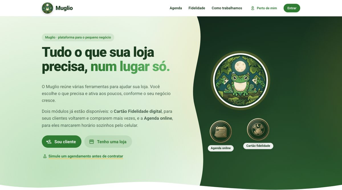 Página inicial do Muglio: Tudo o que sua loja precisa, num lugar só